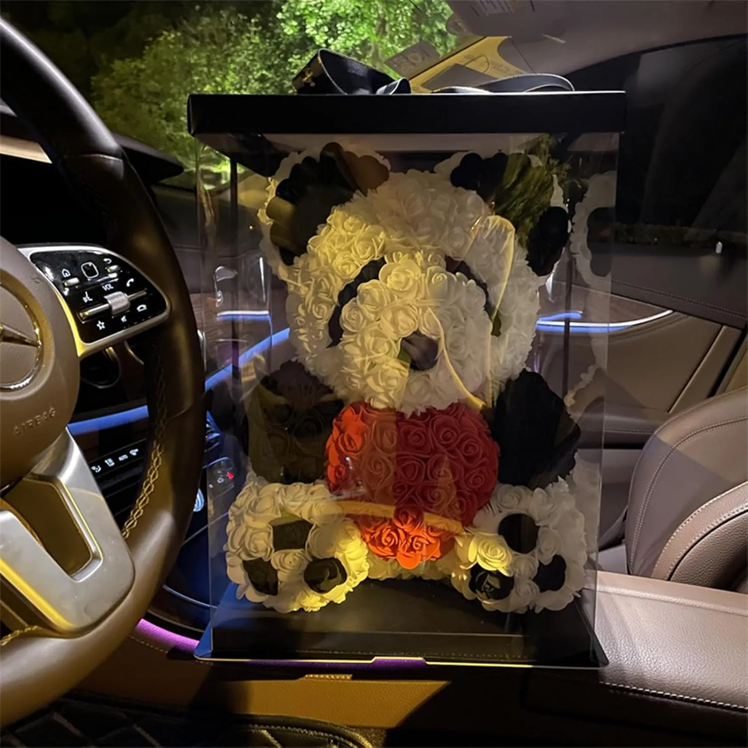 Rose Bear Handmade Rose Teddy Bear Eternal Rose Flower Bear Set Valentine's Day Anniversary Mother's Day Birthday Graduation Gift Gift Box with LED Light(10",Black and White Panda)