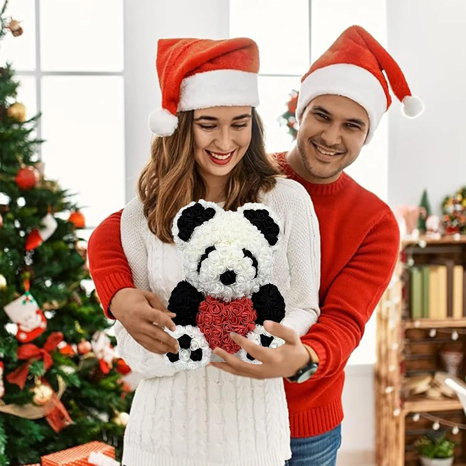 Rose Bear Handmade Rose Teddy Bear Eternal Rose Flower Bear Set Valentine's Day Anniversary Mother's Day Birthday Graduation Gift Gift Box with LED Light(10",Black and White Panda)