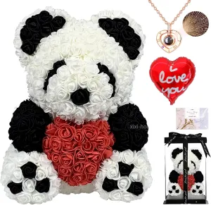 Rose Bear Handmade Rose Teddy Bear Eternal Rose Flower Bear Set Valentine's Day Anniversary Mother's Day Birthday Graduation Gift Gift Box with LED Light(10",Black and White Panda)