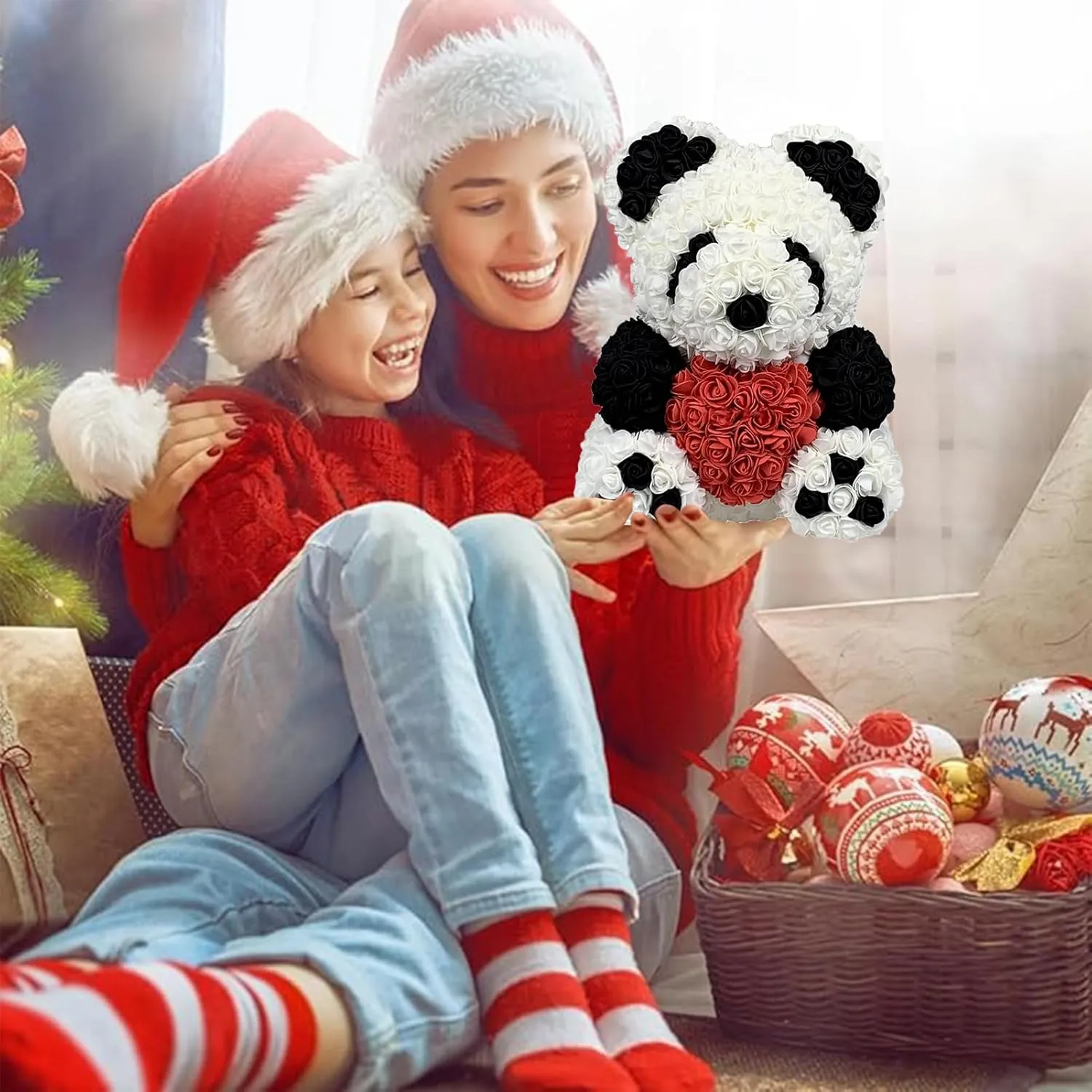 Rose Bear Handmade Rose Teddy Bear Eternal Rose Flower Bear Set Valentine's Day Anniversary Mother's Day Birthday Graduation Gift Gift Box with LED Light(10",Black and White Panda)