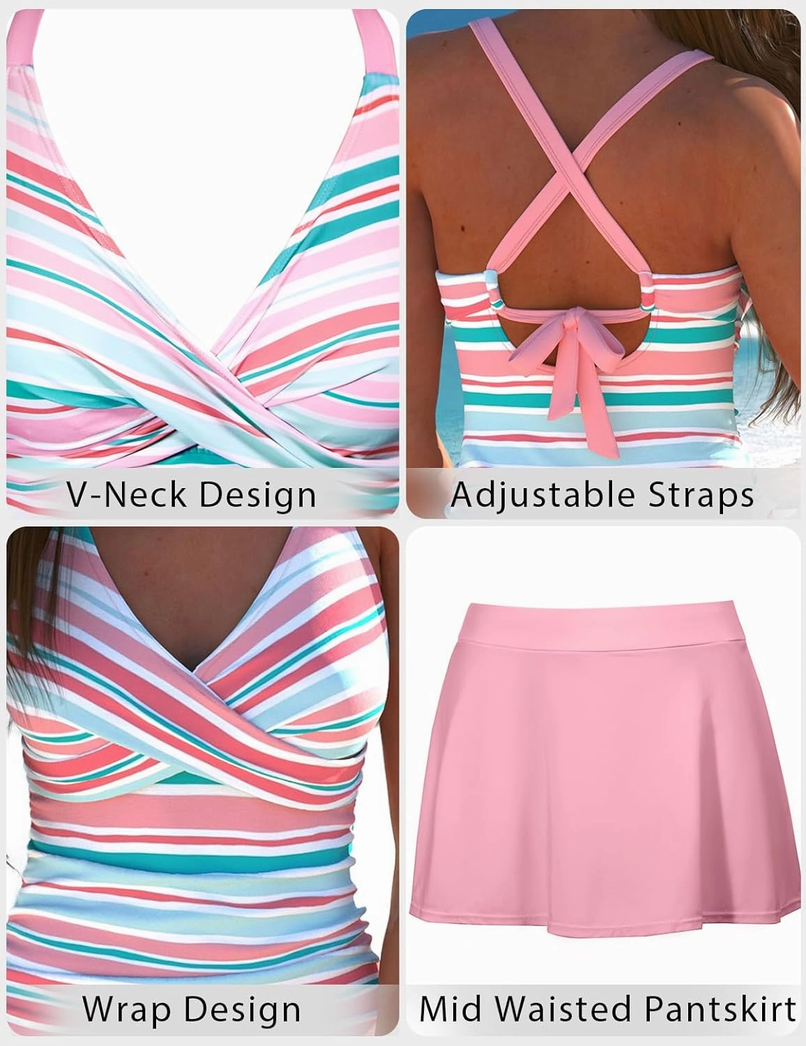 ROSEWE Two Piece Tankini Swimsuits for Women, Tummy Control Bathing Suit with Skirt, V-Neck Swimdress