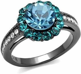 Round Sea Blue Halo & Green Flower Black Stainless Steel Cocktail Green Teal Ring Sizes 5,6,7,8,9 & 10