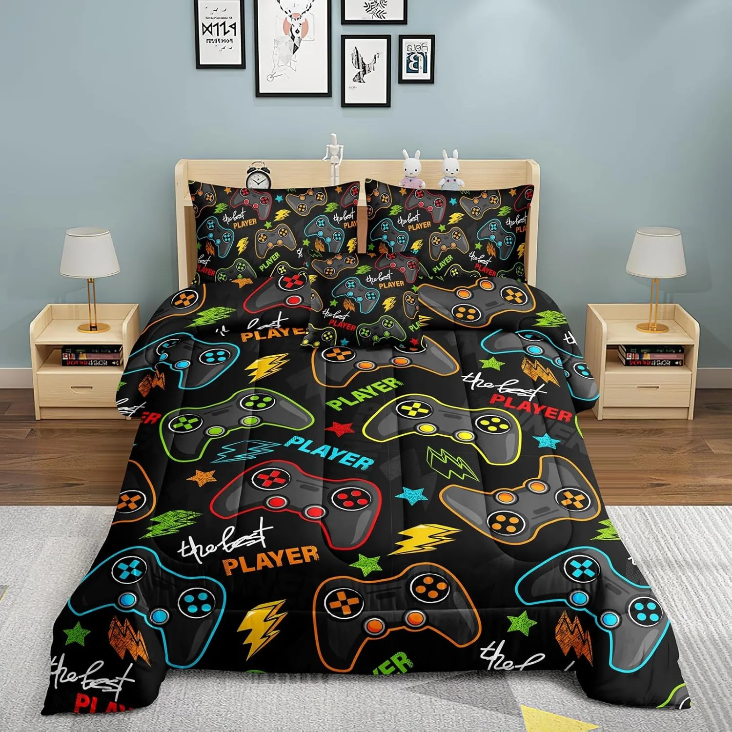 ROWADALO 6 Pieces Gaming Bedding Set for Boys Gamer Comforter Set Full Size,Game Controller Comforter for Boys Kids 6 Pieces Bed in A Bag 3D Gamepad Microfiber Bedding Sets,DJT H5011 Full
