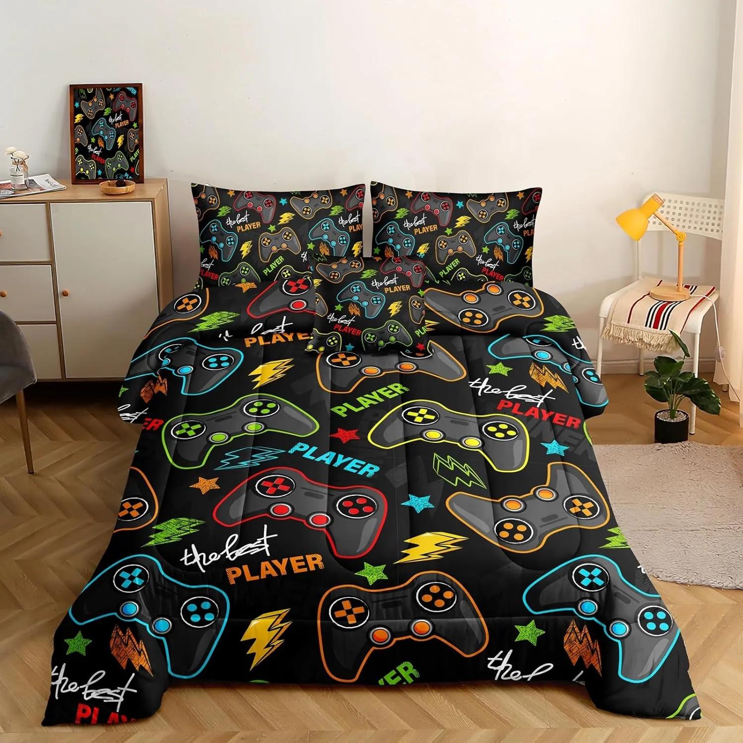ROWADALO 6 Pieces Gaming Bedding Set for Boys Gamer Comforter Set Full Size,Game Controller Comforter for Boys Kids 6 Pieces Bed in A Bag 3D Gamepad Microfiber Bedding Sets,DJT H5011 Full