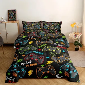 ROWADALO 6 Pieces Gaming Bedding Set for Boys Gamer Comforter Set Full Size,Game Controller Comforter for Boys Kids 6 Pieces Bed in A Bag 3D Gamepad Microfiber Bedding Sets,DJT H5011 Full