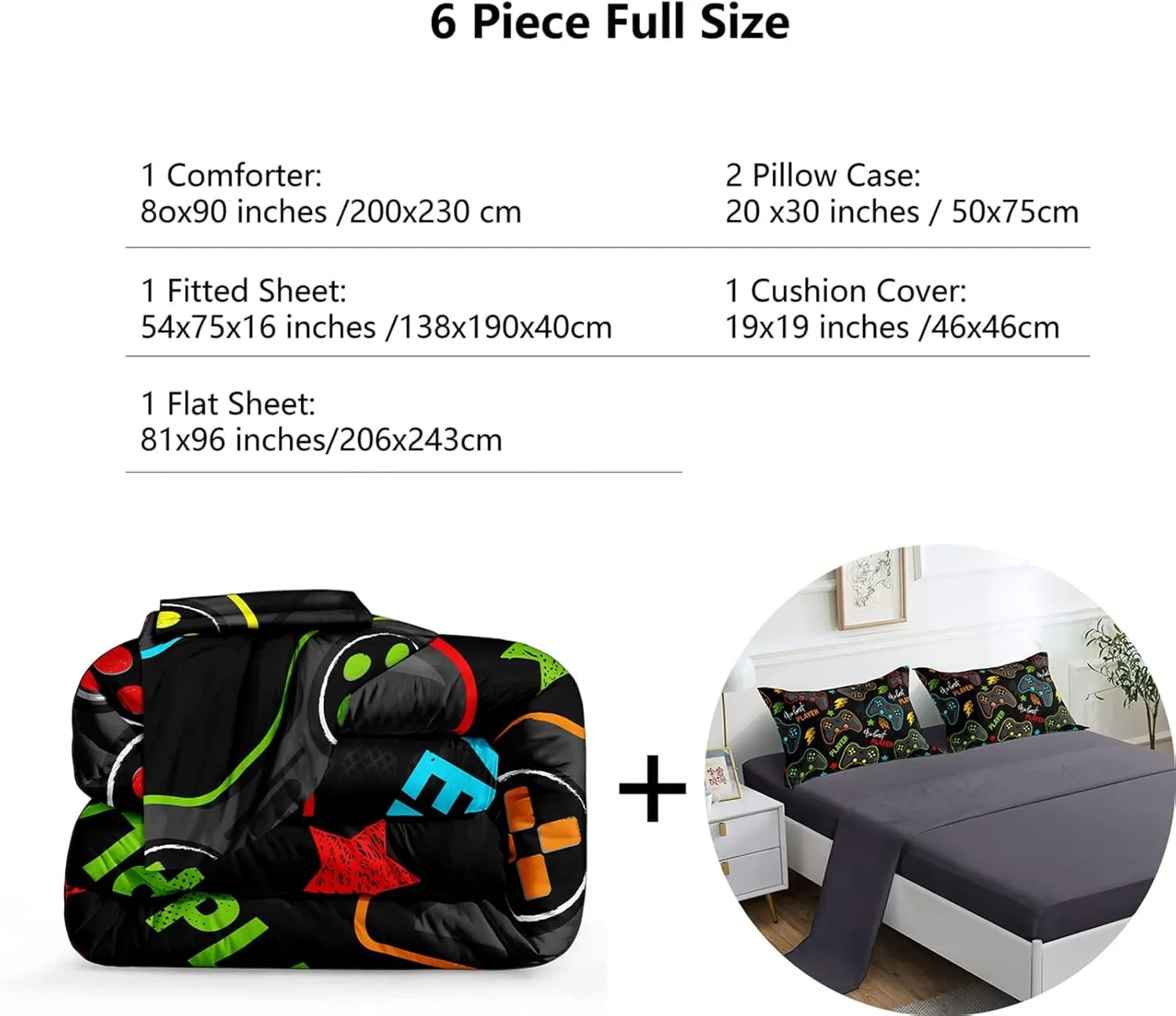 ROWADALO 6 Pieces Gaming Bedding Set for Boys Gamer Comforter Set Full Size,Game Controller Comforter for Boys Kids 6 Pieces Bed in A Bag 3D Gamepad Microfiber Bedding Sets,DJT H5011 Full