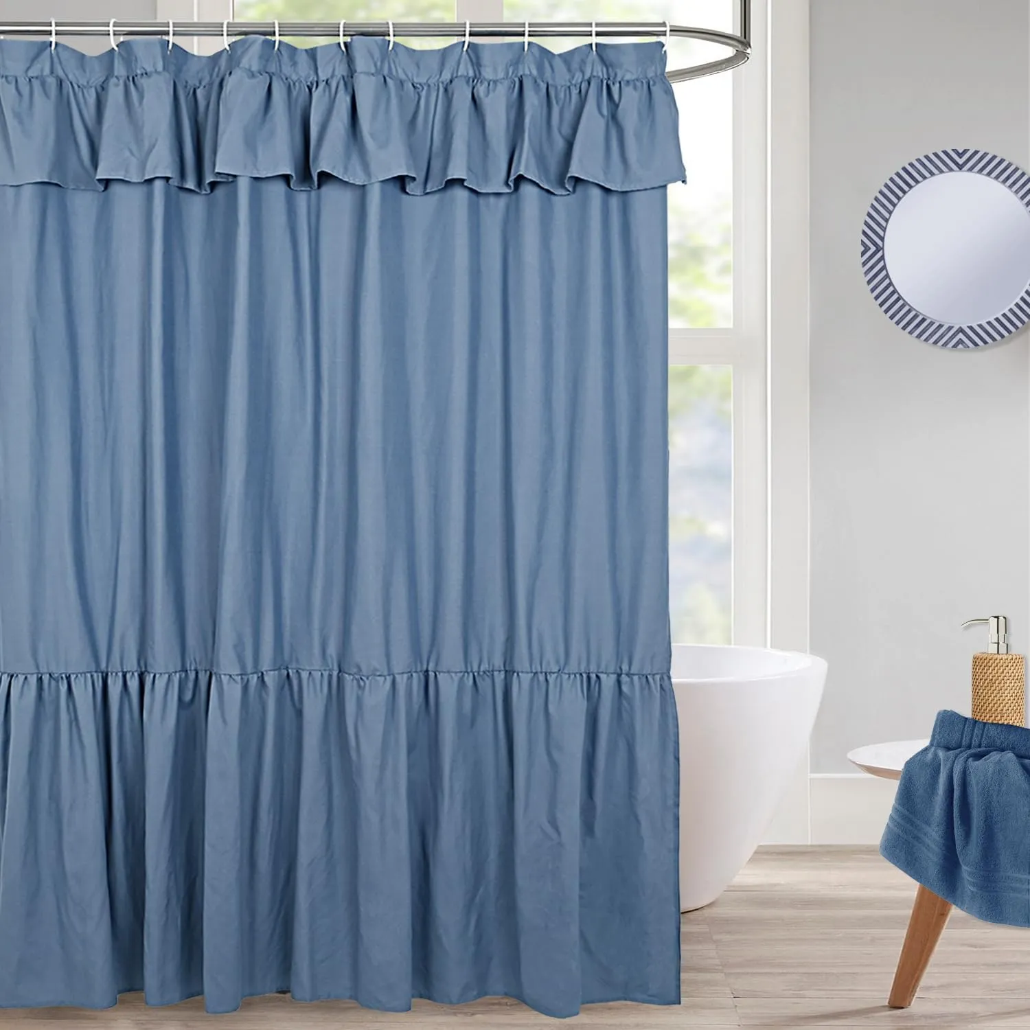 Ruffled Farmhouse Shower Curtain,Blue Fabric,Country and Chic Style,72x72 in