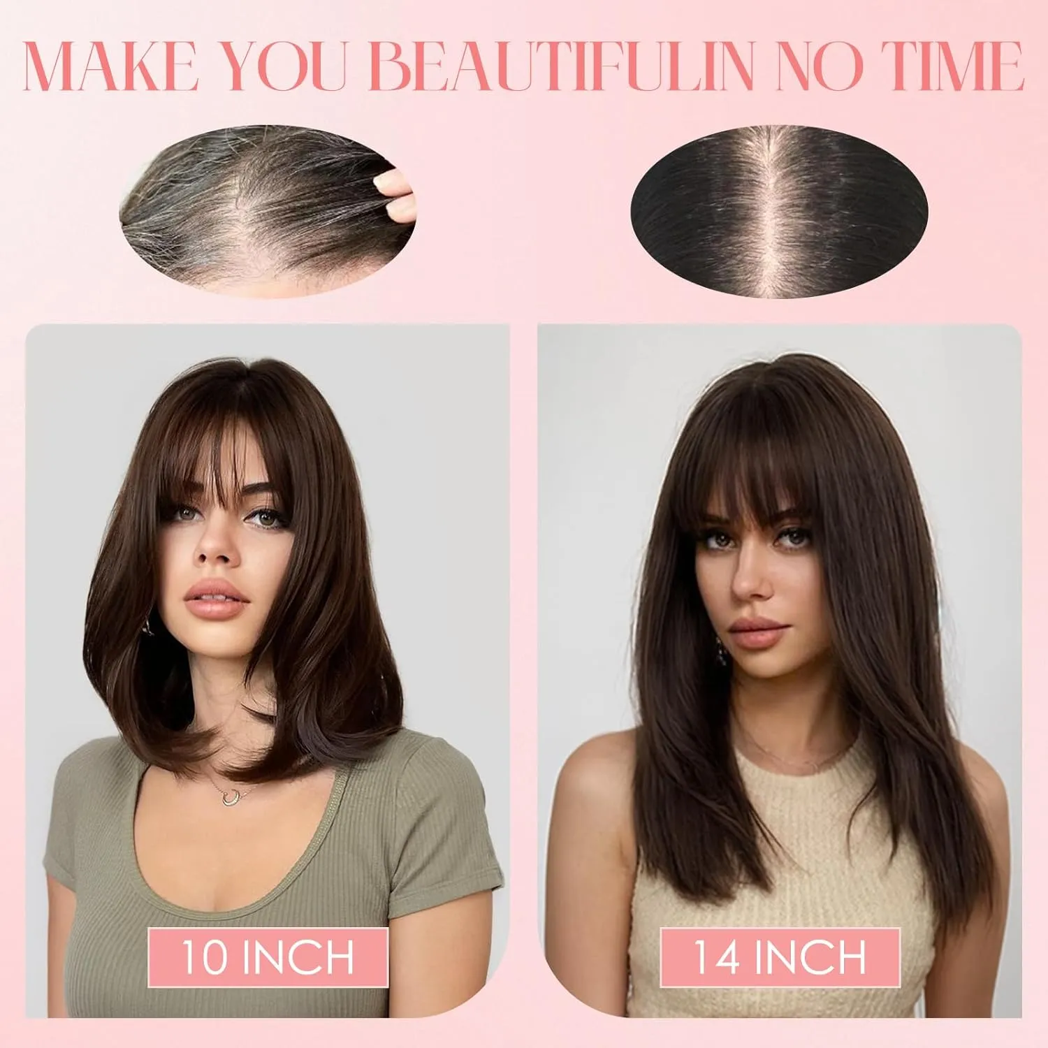 S-noilite Hair Toppers for Women with Bangs Real Human Hair 360° 3D Cover Clip in Bangs 2X6 Coverage Clip in Hairpiece for Women with Thinning Hairline 14Inch (Medium Brown)