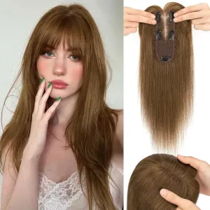 S-noilite Hair Toppers for Women with Bangs Real Human Hair 360° 3D Cover Clip in Bangs 2X6 Coverage Clip in Hairpiece for Women with Thinning Hairline 14Inch (Medium Brown)