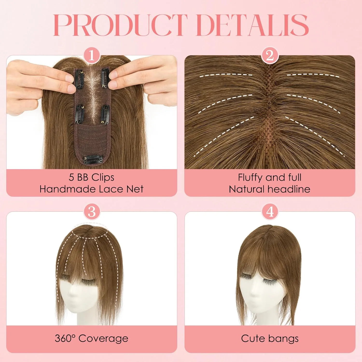 S-noilite Hair Toppers for Women with Bangs Real Human Hair 360° 3D Cover Clip in Bangs 2X6 Coverage Clip in Hairpiece for Women with Thinning Hairline 14Inch (Medium Brown)