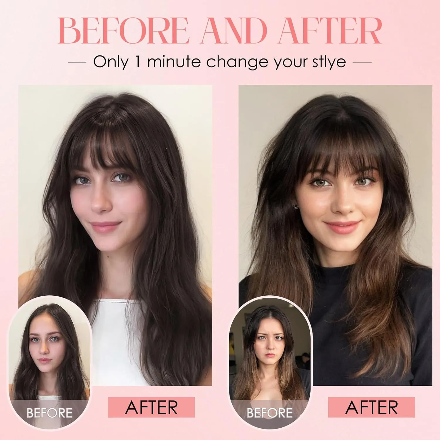 S-noilite Hair Toppers for Women with Bangs Real Human Hair 360° 3D Cover Clip in Bangs 2X6 Coverage Clip in Hairpiece for Women with Thinning Hairline 14Inch (Medium Brown)