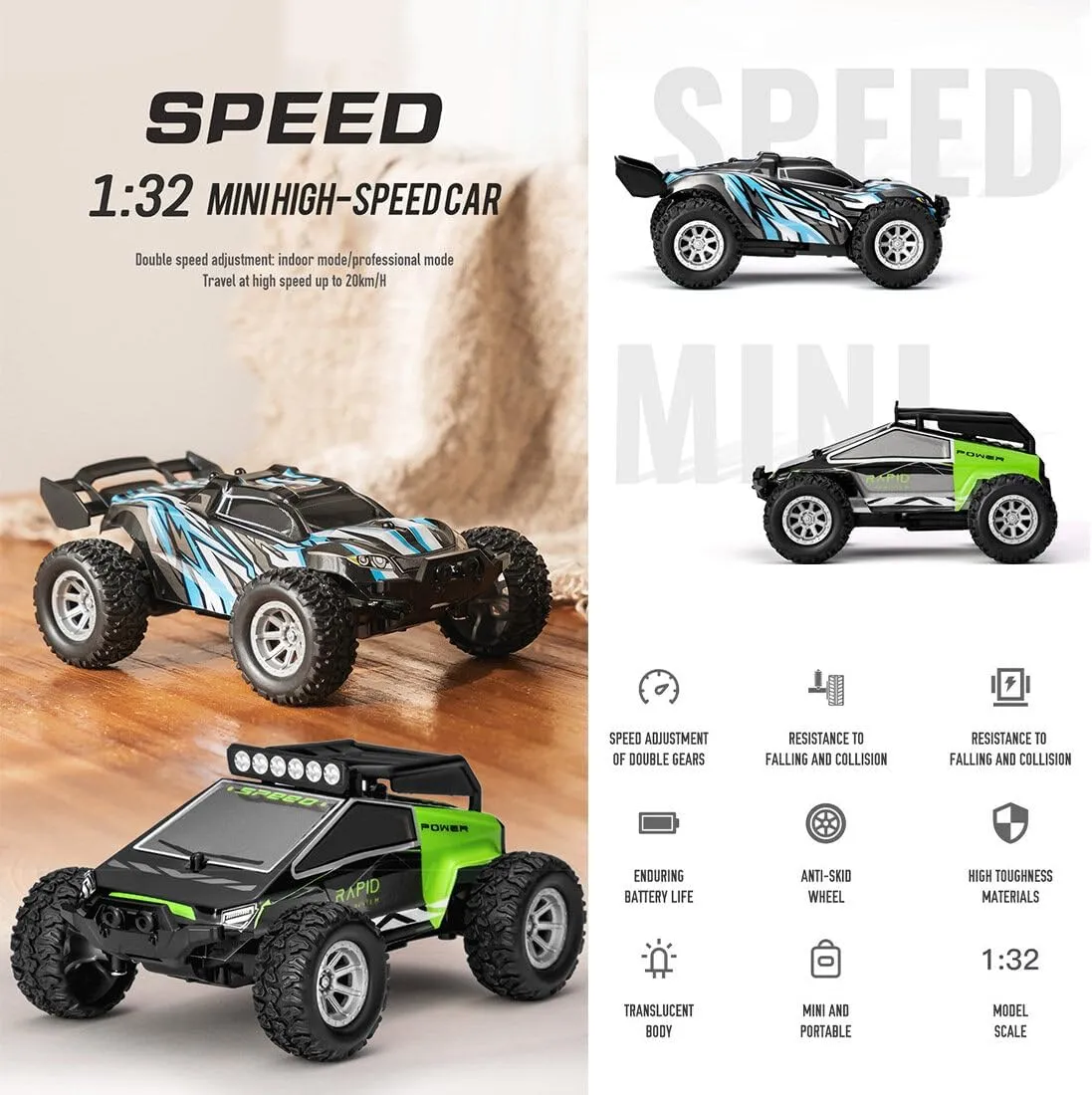 S638 High-Speed RC Mini Electric Drift Off-Road Vehicle Model, 1/32 2.4G Electric Vehicle Model with Wireless Remote Control and Realistic Design, for Adults (RTR Version/Green)