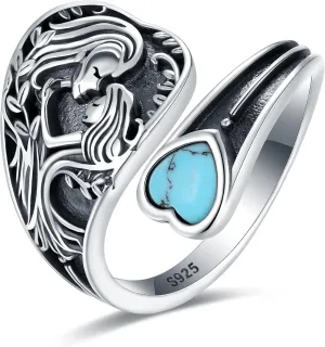 S925-Sterling-Silver Turquoise Dragonfly/Butterfly Spoon Ring - Vintage Boho Sunflower Thumb Rings Oxidized Wrap Ring Victorian Style Antique Floral Jewelry Gifts for Women