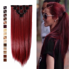 S-noilite 23" Long Straight Curly Plum Red 8 Pieces Clip in on Hair Extensions Full Head Set Thick Hairpiece Synthetic Hair Extensions for Girl Lady Women USA Local Post
