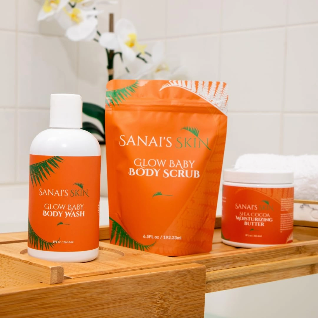 Sanai's Skin Body Care Set | 4-piece Ginger & Turmeric Glow Collection Self Care Kit | Body Wash, Body Scrub, Moisturizing Butter | All-Natural Vegan & Cruelty-Free