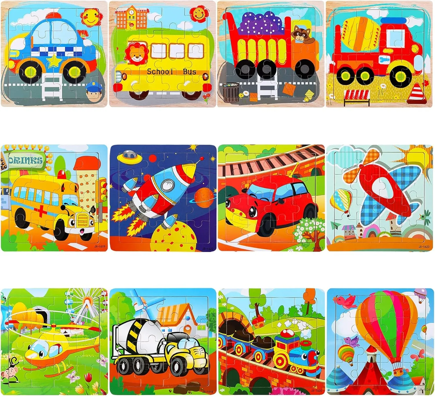 SANNIX 12 Pack Wooden Jigsaw Puzzles for Toddlers 3 4 5 Years Old, Party Favors Transportation Jigsaw for Kids, Educational Puzzles Travel Toy with 12 Organize Bags