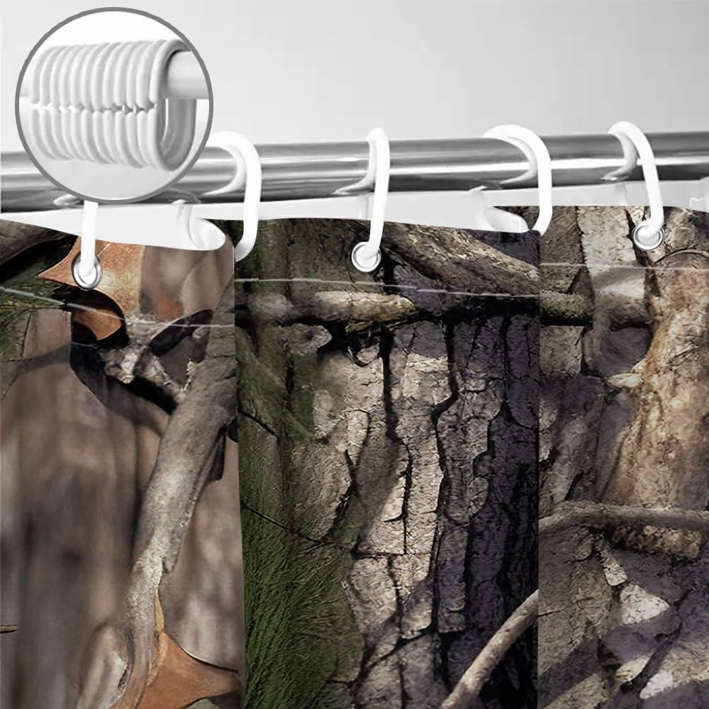 Sanzugh Camo Hunting Camper RV Shower Curtain for Travel Trailer Bathroom, Rustic Cabin Camping Small Shorter Fabric Shower Curtains Set, Happy Camp Outdoor Decor Accessories with Hooks 47X64 inch