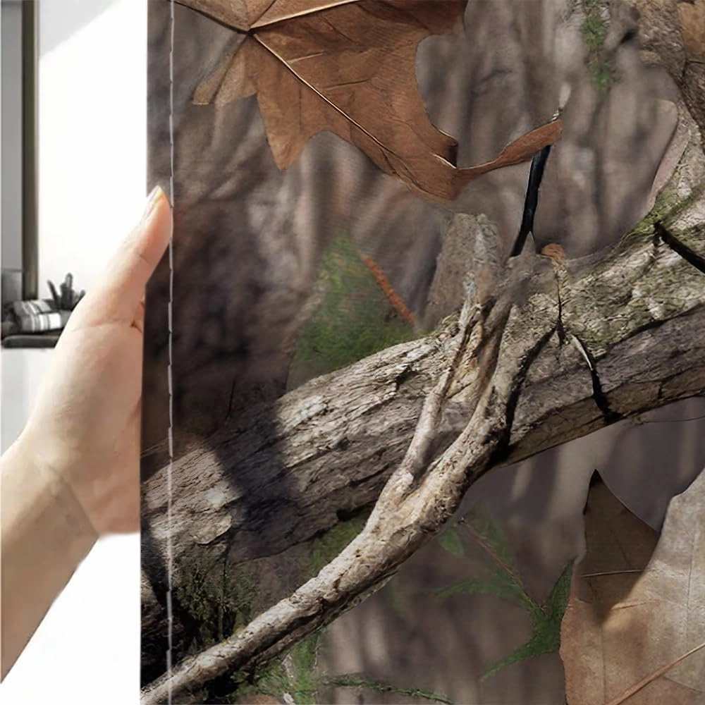 Sanzugh Camo Hunting Camper RV Shower Curtain for Travel Trailer Bathroom, Rustic Cabin Camping Small Shorter Fabric Shower Curtains Set, Happy Camp Outdoor Decor Accessories with Hooks 47X64 inch