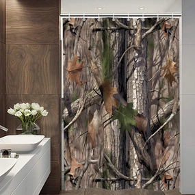 Sanzugh Camo Hunting Camper RV Shower Curtain for Travel Trailer Bathroom, Rustic Cabin Camping Small Shorter Fabric Shower Curtains Set, Happy Camp Outdoor Decor Accessories with Hooks 47X64 inch
