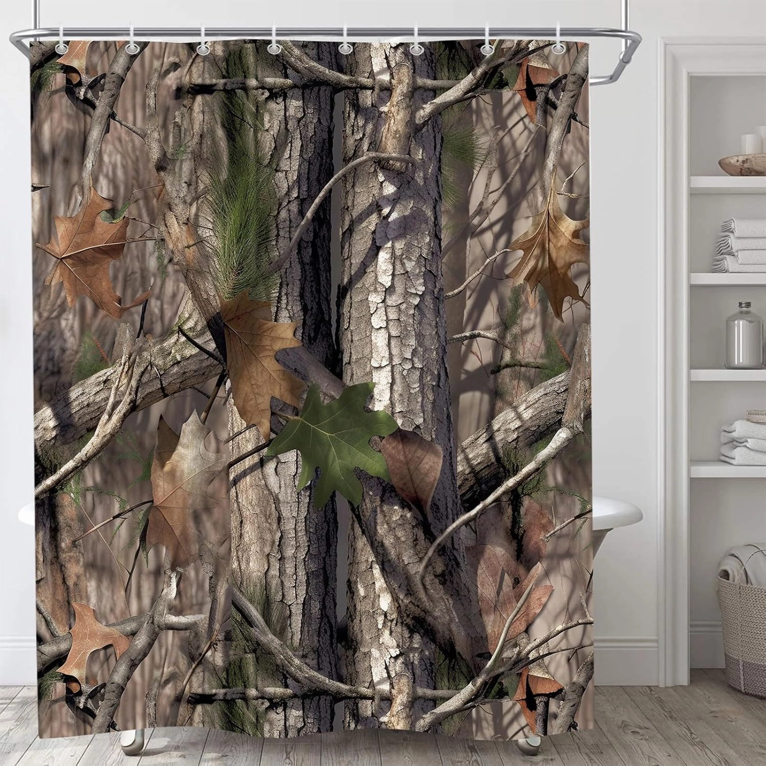 Sanzugh Camo Hunting Camper RV Shower Curtain for Travel Trailer Bathroom, Rustic Cabin Camping Small Shorter Fabric Shower Curtains Set, Happy Camp Outdoor Decor Accessories with Hooks 47X64 inch