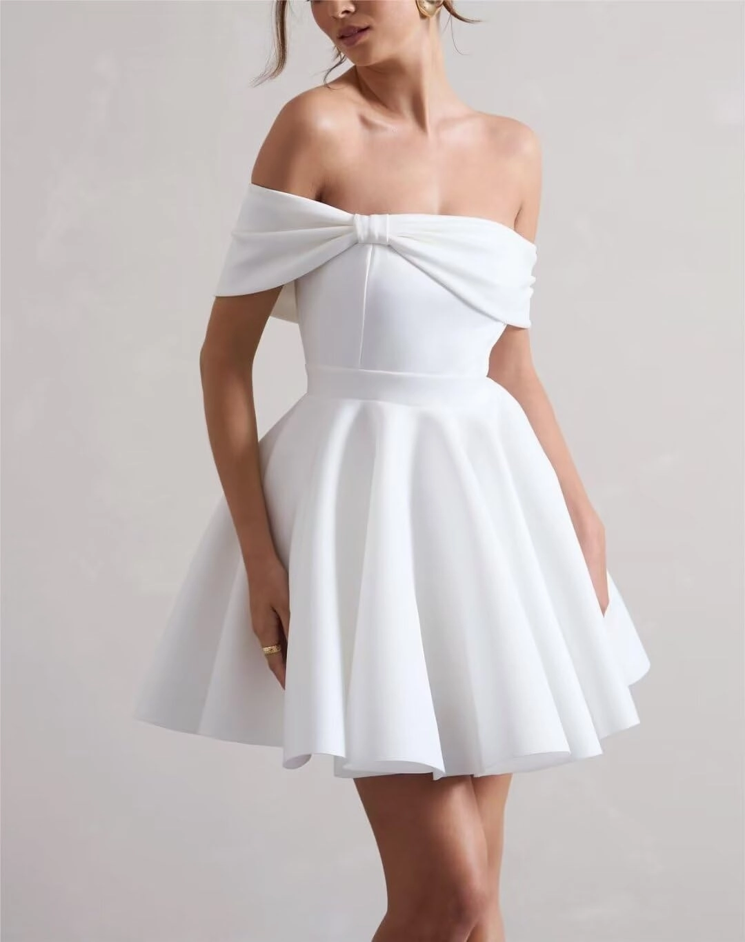 Satin Wedding Dresses for Bride Off Shoulder Bowknot Short Homecoming Dresses for Teens Puffy Sleeve Prom Party Gown