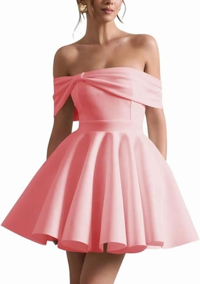 Satin Wedding Dresses for Bride Off Shoulder Bowknot Short Homecoming Dresses for Teens Puffy Sleeve Prom Party Gown