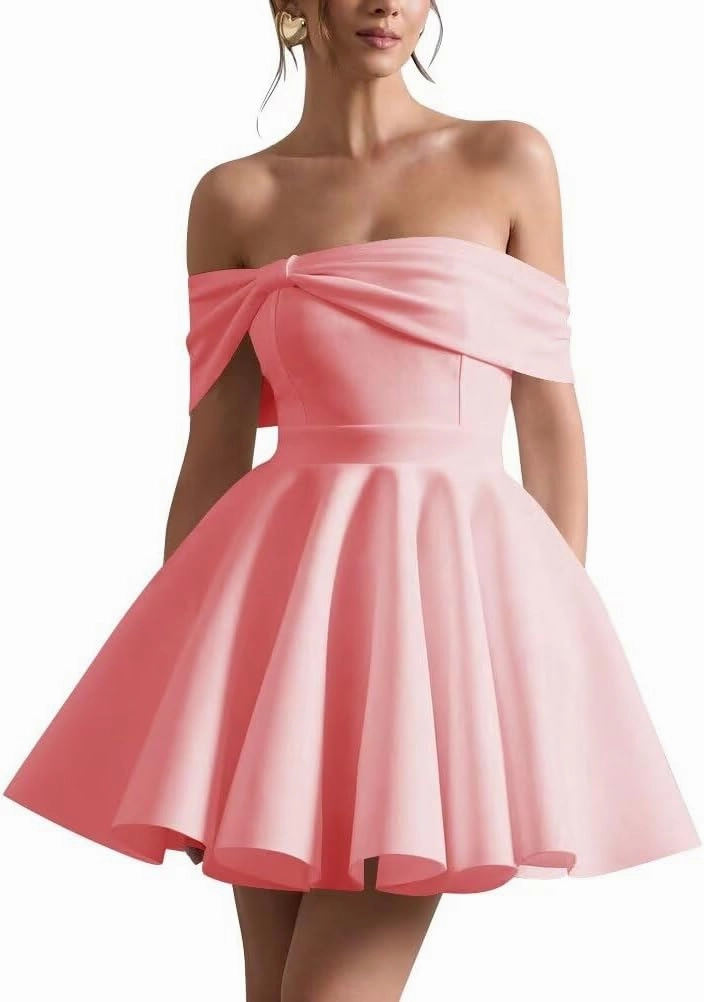 Satin Wedding Dresses for Bride Off Shoulder Bowknot Short Homecoming Dresses for Teens Puffy Sleeve Prom Party Gown