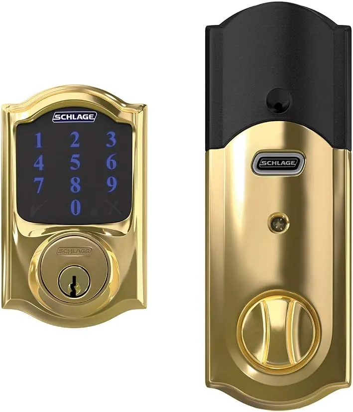 SCHLAGE BE469ZP CAM 605 Connect Smart Deadbolt With Alarm Inbuilt Camelot Trim In Bright Brass