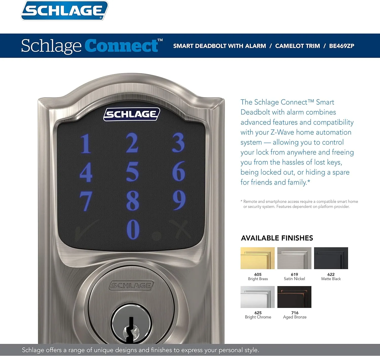 SCHLAGE BE469ZP CAM 625 Connect Smart Deadbolt With Alarm Inbuilt Camelot Trim In Bright Chrome
