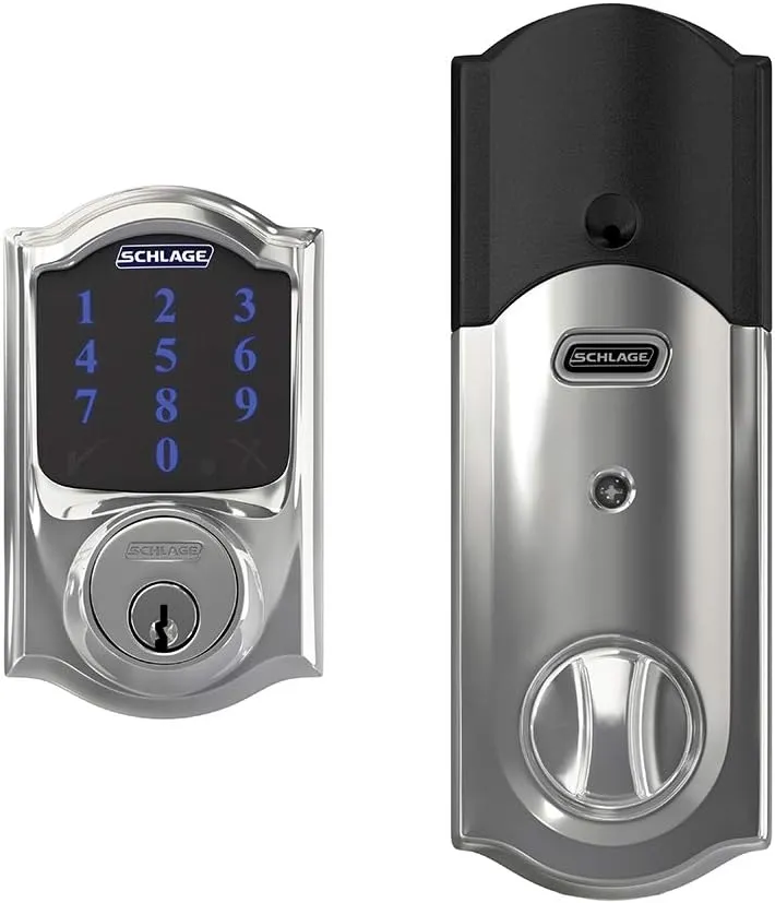 SCHLAGE BE469ZP CAM 625 Connect Smart Deadbolt With Alarm Inbuilt Camelot Trim In Bright Chrome