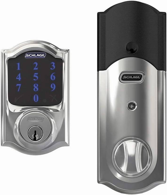 SCHLAGE BE469ZP CAM 625 Connect Smart Deadbolt With Alarm Inbuilt Camelot Trim In Bright Chrome