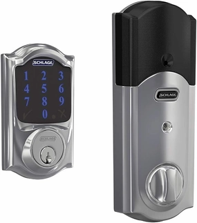 SCHLAGE BE469ZP CAM 625 Connect Smart Deadbolt With Alarm Inbuilt Camelot Trim In Bright Chrome