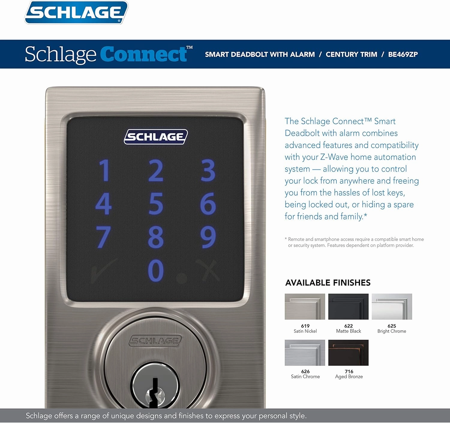 SCHLAGE BE469ZP CEN 625 Connect Smart Deadbolt with alarm with Century Trim in Bright Chrome, Z-Wave Plus enabled, 3 x 8 x 2 inches