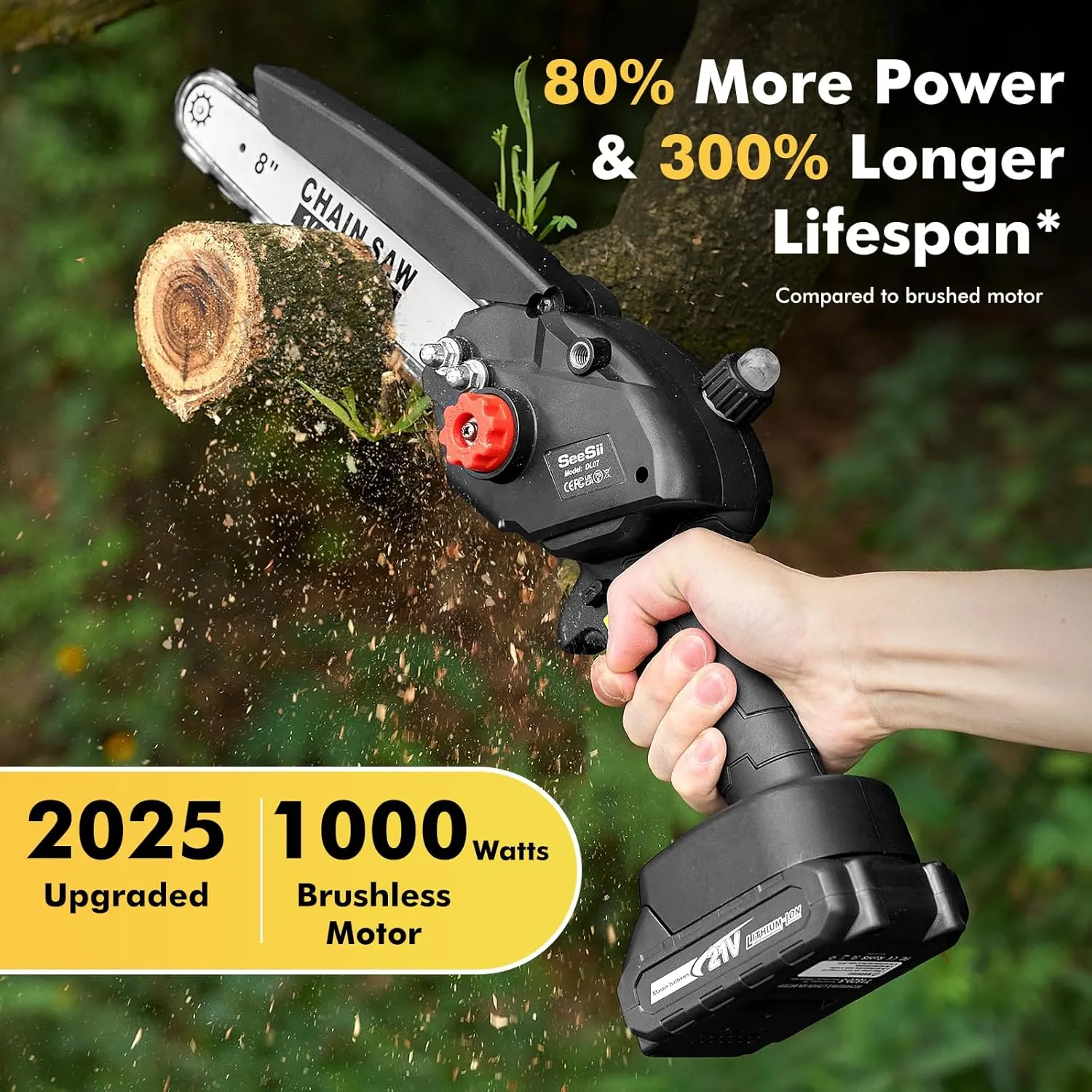 Seesii Mini Chainsaw Cordless 8 inch DL07, Electric Battery Powered Chainsaw, Upgraded Brushless Chain Saw with Auto Oiler, 2pcs 2000mAh Battery, Handheld Pruning Saws for Tree Branch Wood Cutting