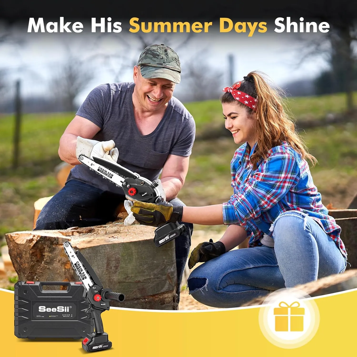 Seesii Mini Chainsaw Cordless 8 inch DL07, Electric Battery Powered Chainsaw, Upgraded Brushless Chain Saw with Auto Oiler, 2pcs 2000mAh Battery, Handheld Pruning Saws for Tree Branch Wood Cutting