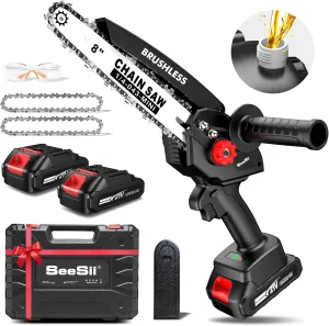 Seesii Mini Chainsaw Cordless 8 inch DL07, Electric Battery Powered Chainsaw, Upgraded Brushless Chain Saw with Auto Oiler, 2pcs 2000mAh Battery, Handheld Pruning Saws for Tree Branch Wood Cutting