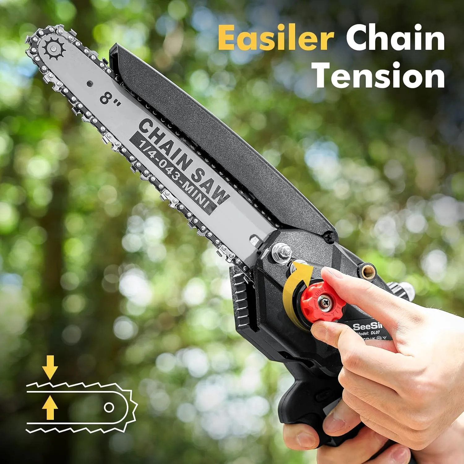 Seesii Mini Chainsaw Cordless 8 inch DL07, Electric Battery Powered Chainsaw, Upgraded Brushless Chain Saw with Auto Oiler, 2pcs 2000mAh Battery, Handheld Pruning Saws for Tree Branch Wood Cutting