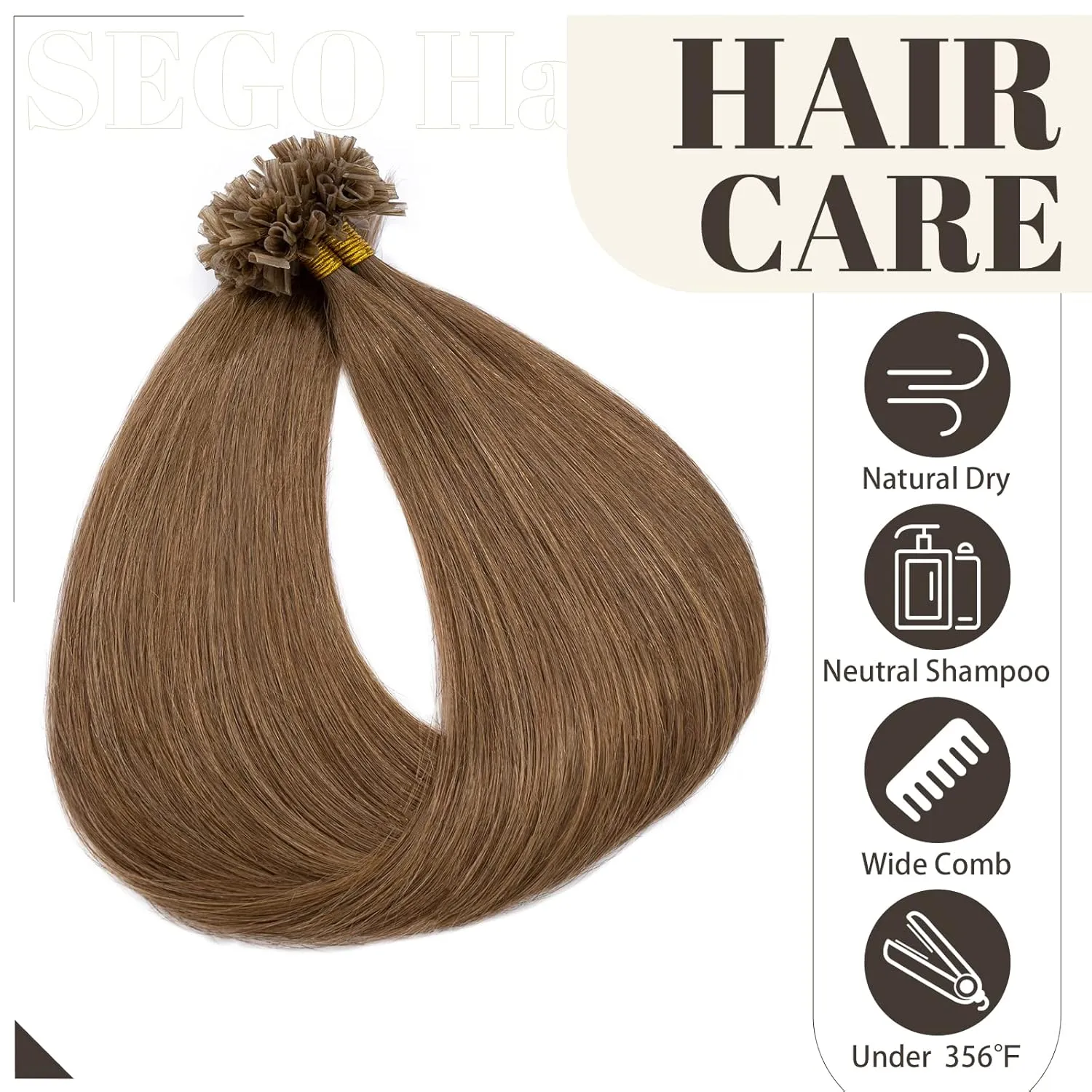 SEGO U Tip Hair Extensions - 100 Strands, 100% Remy Human Hair, Silky Straight, Keratin Fusion Pre-Bonded, #6 Light Brown, 14 inches, 50g