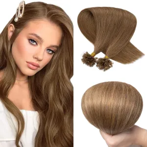SEGO U Tip Hair Extensions - 100 Strands, 100% Remy Human Hair, Silky Straight, Keratin Fusion Pre-Bonded, #6 Light Brown, 14 inches, 50g