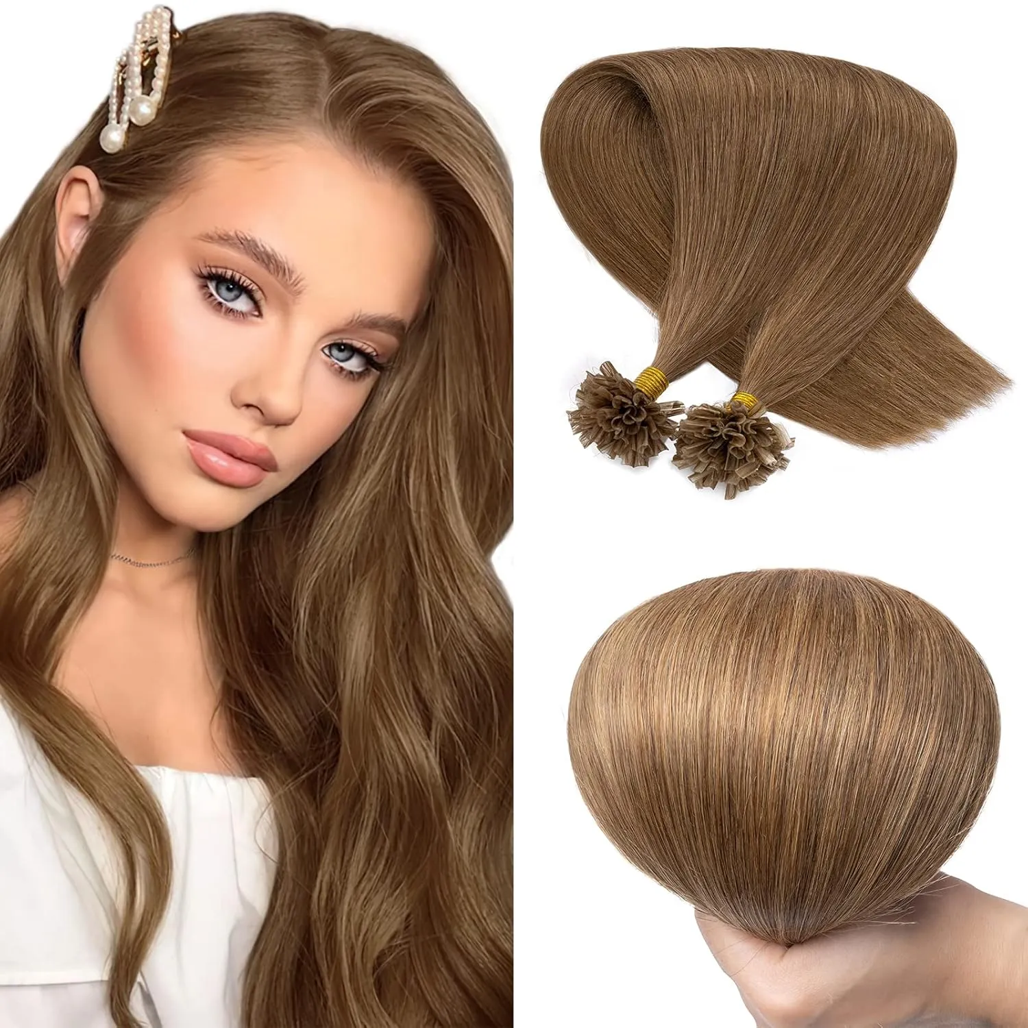 SEGO U Tip Hair Extensions - 100 Strands, 100% Remy Human Hair, Silky Straight, Keratin Fusion Pre-Bonded, #6 Light Brown, 14 inches, 50g