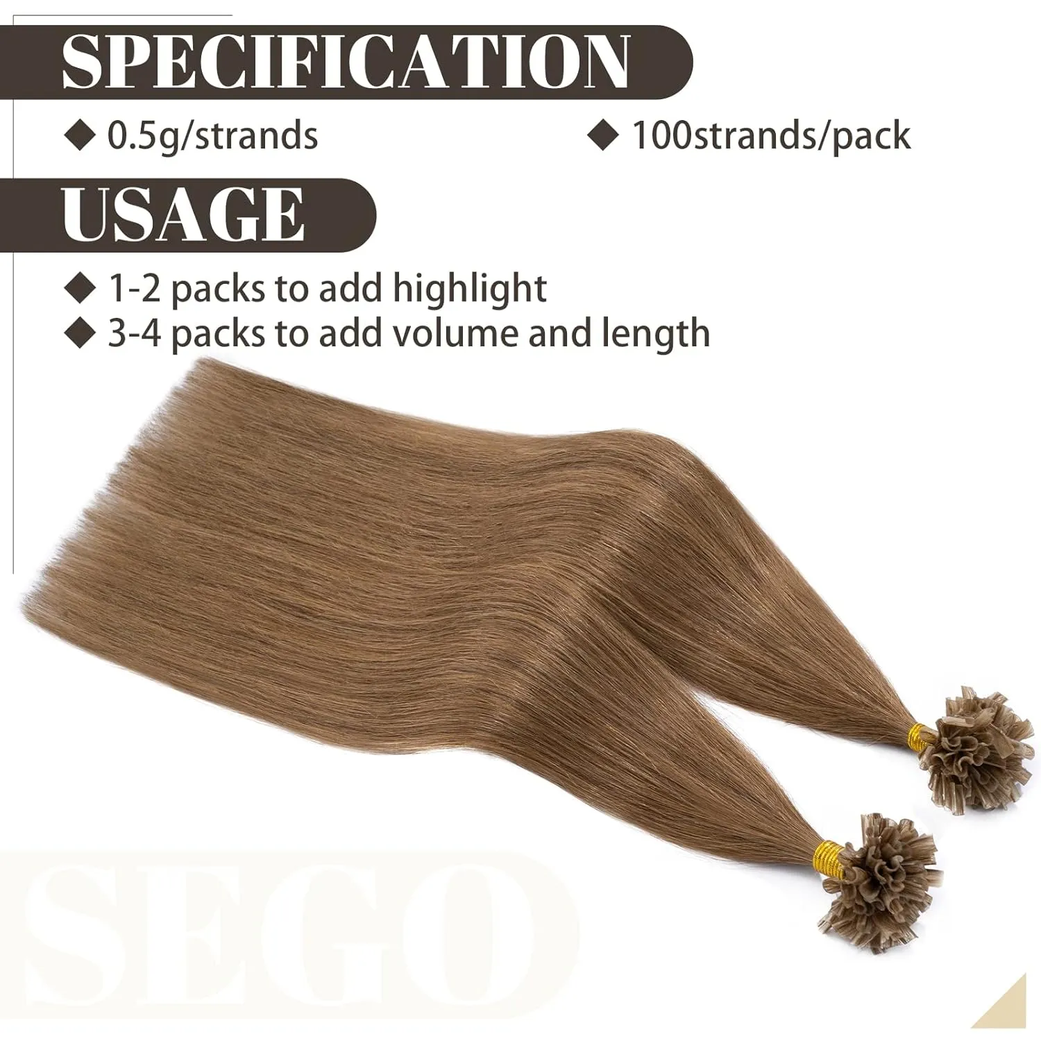 SEGO U Tip Hair Extensions - 100 Strands, 100% Remy Human Hair, Silky Straight, Keratin Fusion Pre-Bonded, #6 Light Brown, 14 inches, 50g