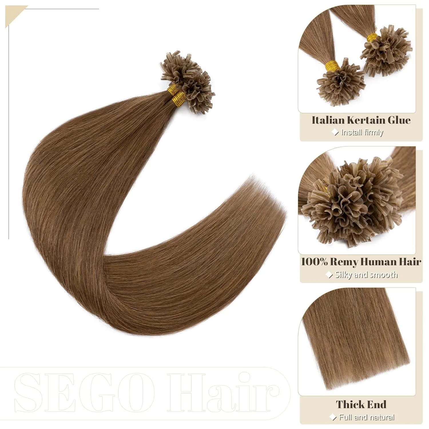 SEGO U Tip Hair Extensions - 100 Strands, 100% Remy Human Hair, Silky Straight, Keratin Fusion Pre-Bonded, #6 Light Brown, 14 inches, 50g