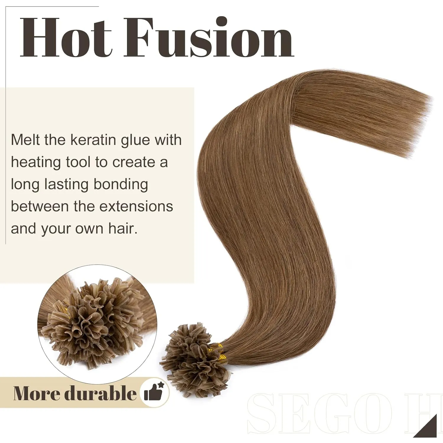 SEGO U Tip Hair Extensions - 100 Strands, 100% Remy Human Hair, Silky Straight, Keratin Fusion Pre-Bonded, #6 Light Brown, 14 inches, 50g