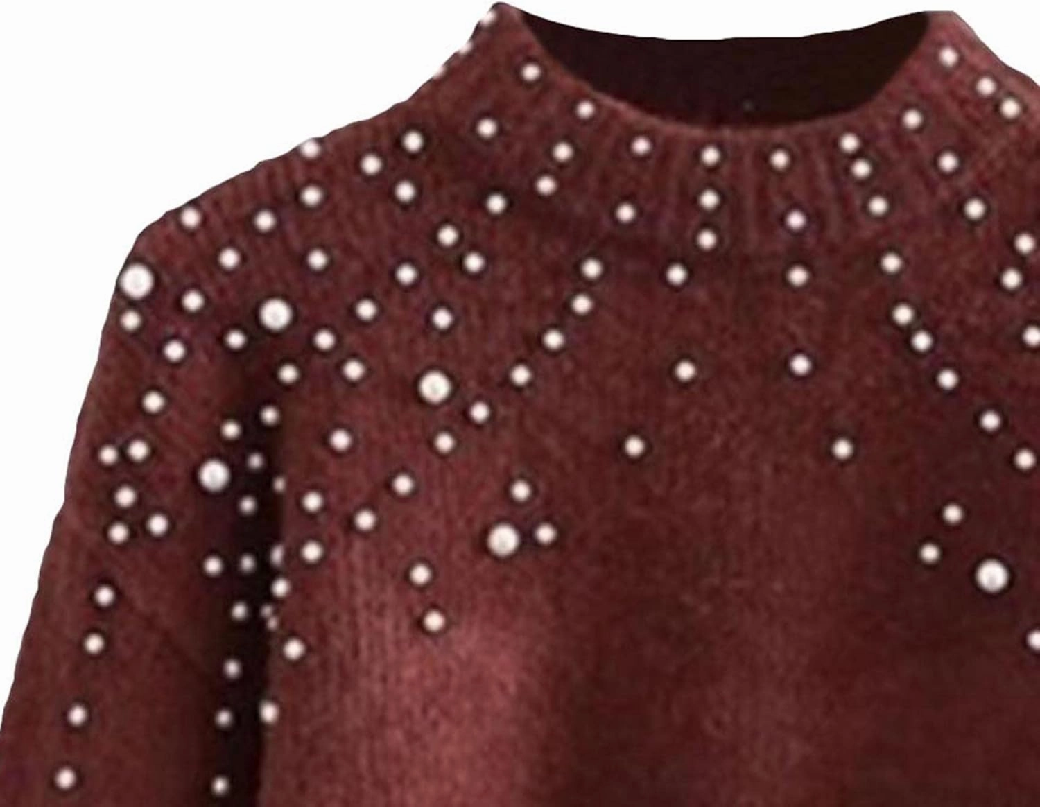 Sexyshine Women's Pearl Beading Mock Neck Sweater Elegant Long Sleeve Chunky Knitted Pullover Oversized Jumper Top