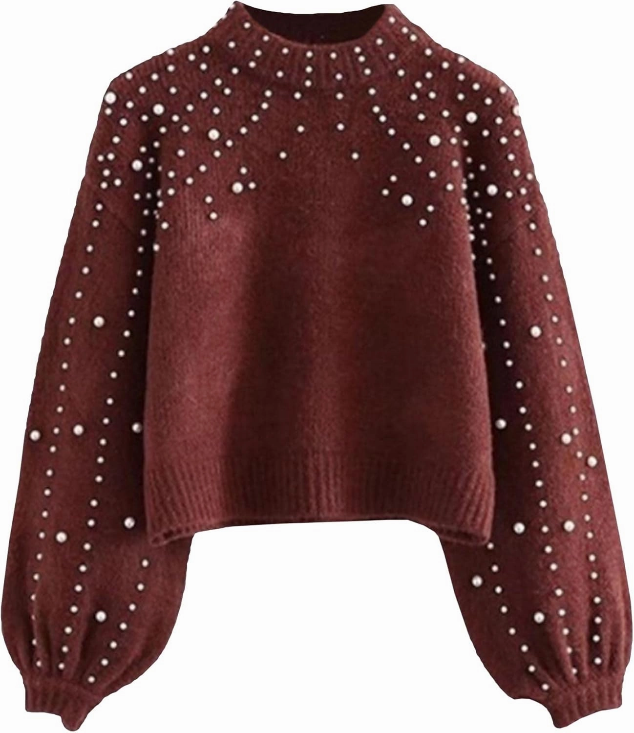 Sexyshine Women's Pearl Beading Mock Neck Sweater Elegant Long Sleeve Chunky Knitted Pullover Oversized Jumper Top