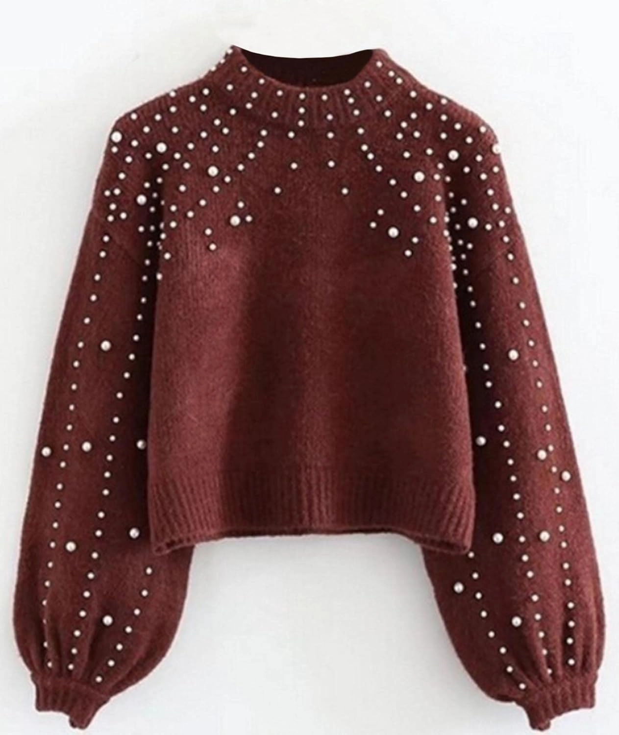 Sexyshine Women's Pearl Beading Mock Neck Sweater Elegant Long Sleeve Chunky Knitted Pullover Oversized Jumper Top