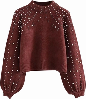 Sexyshine Women's Pearl Beading Mock Neck Sweater Elegant Long Sleeve Chunky Knitted Pullover Oversized Jumper Top