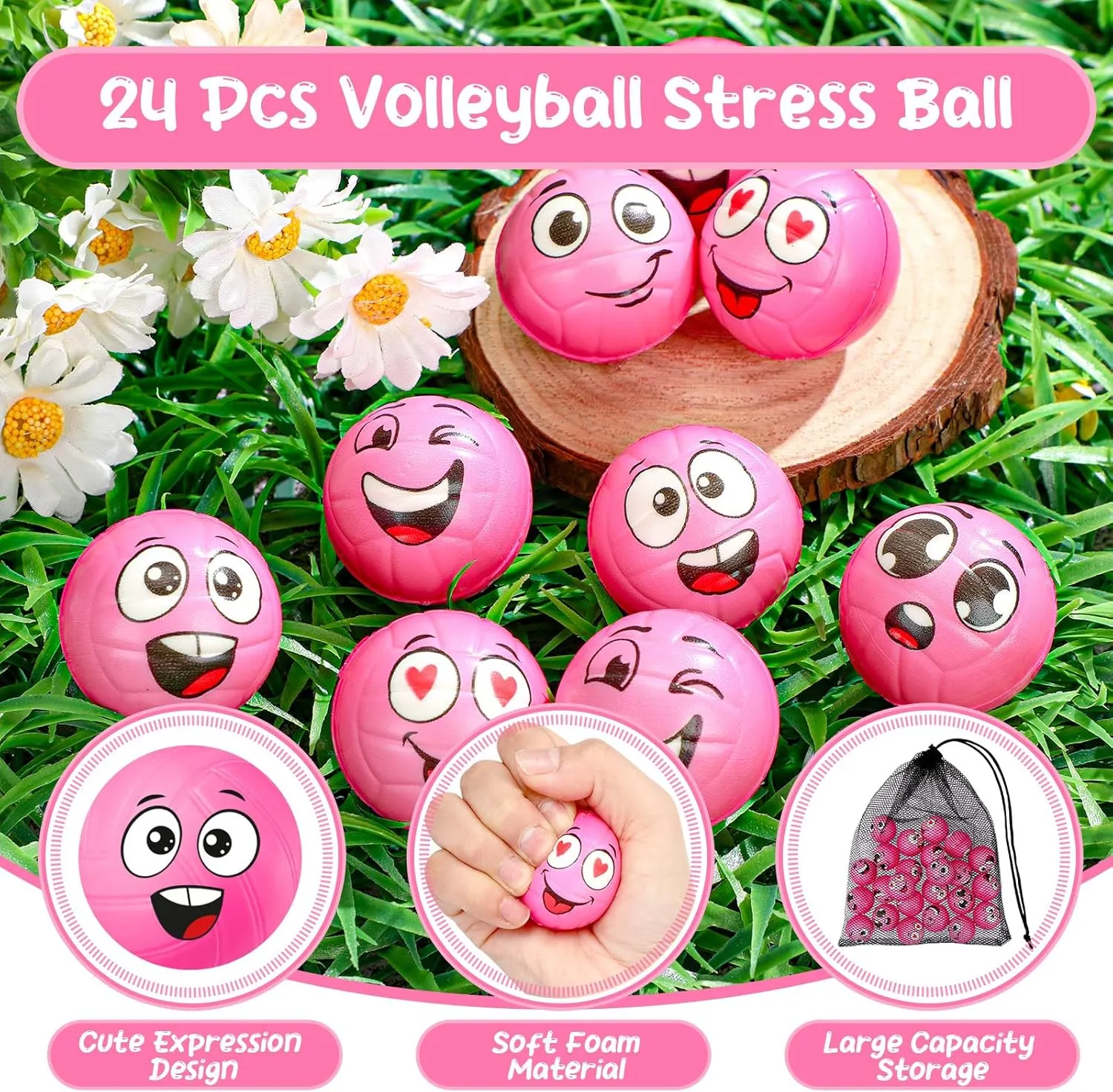 Shappy 24 Pcs Mini Volleyball Stress Balls 1.57" Foam Sports Balls with Emotion for Kids Volleyball Team Gifts with Mesh Drawstring Bag for Volleyball Party Birthday School Reward,6 Style(Pink)