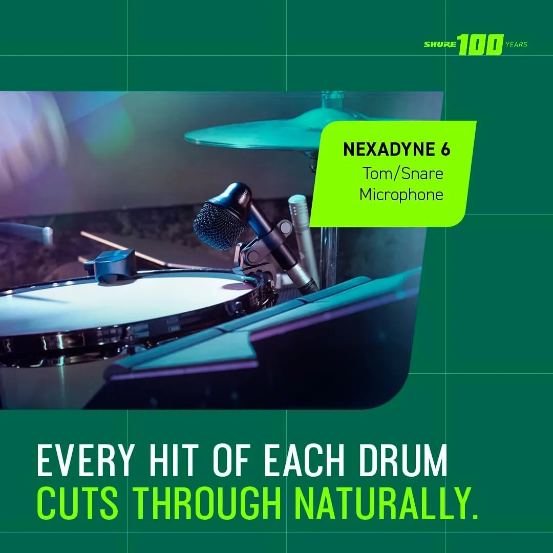Shure Nexadyne 6 Tom/Snare Drum Microphone with Revonic Technology - Supercardioid Dynamic Mic for Pro Performance, Enhanced Isolation & Noise Reduction, Dual-Engine Transducers, Single (NXN6)