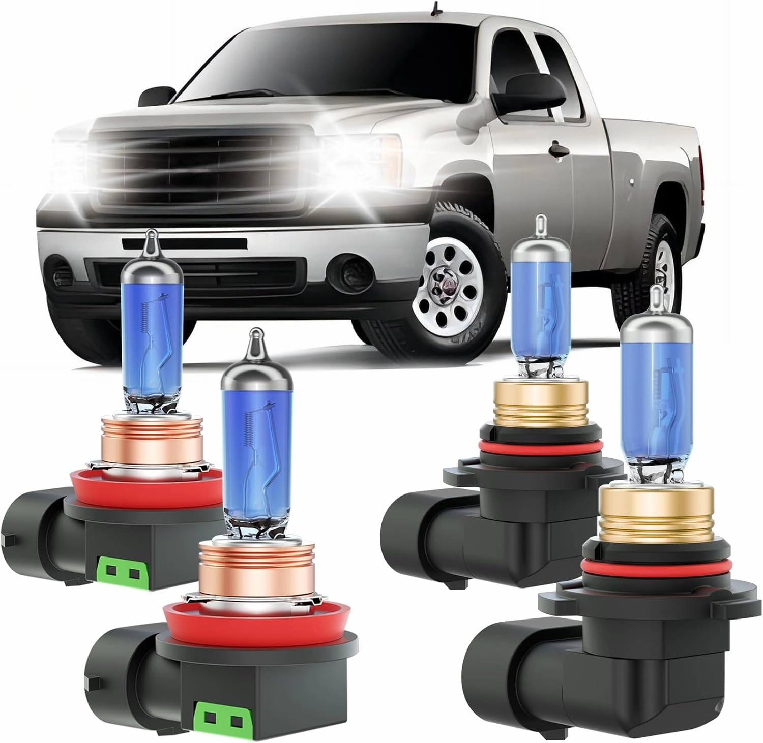 Sierra Halogen Headlight Bulbs Fits For 2007-2013 GMC Sierra Halogen High Low Beam Combo, Ultra Bright 5000K White Bulbs, 12V-100W, Pack of 4